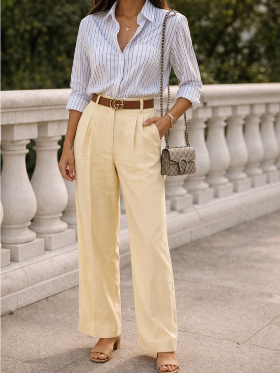 Beige Botany Pants - Beige Botany Pale Yellow Front Pleated Wide Leg High Rise Trouser Pants - size M